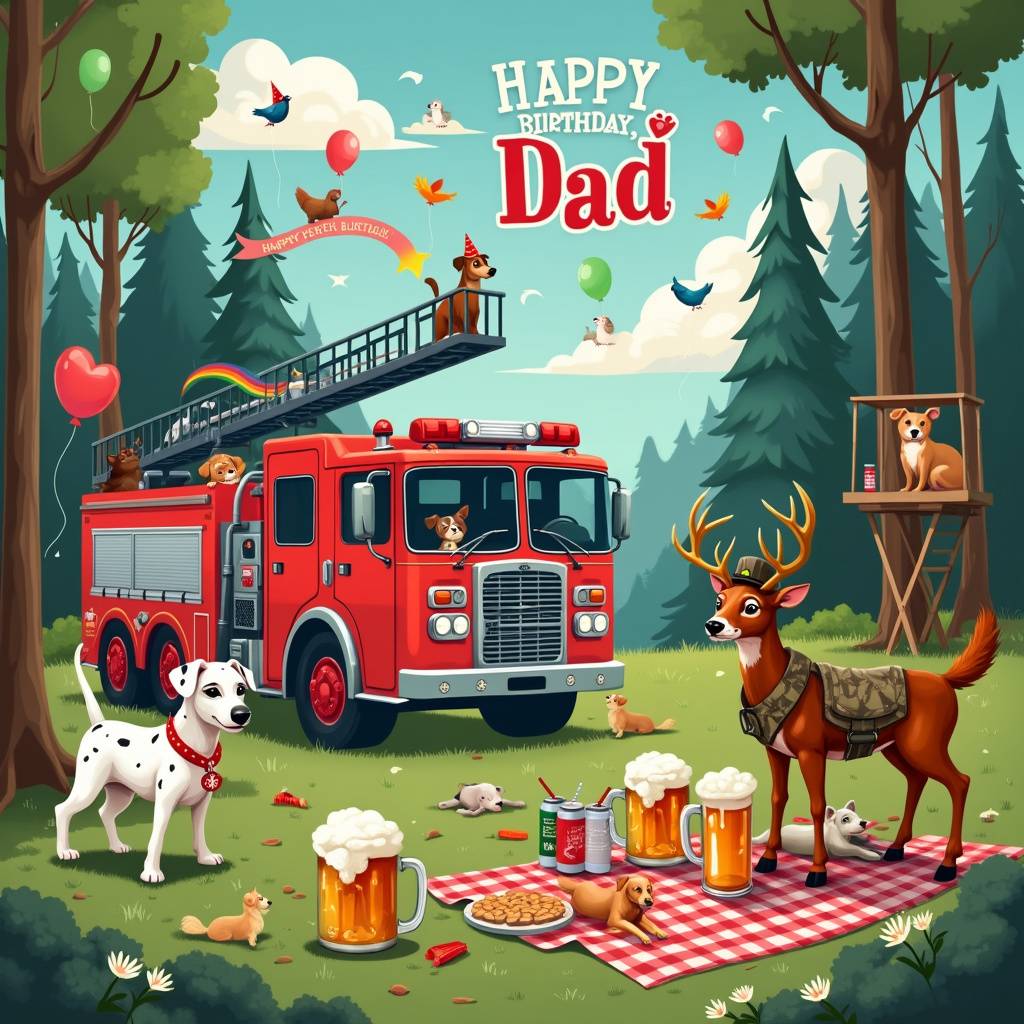 2) Birthday AI Generated Card - Fire trucks, Dogs , Hunting , Deer, and Beer (2e217)