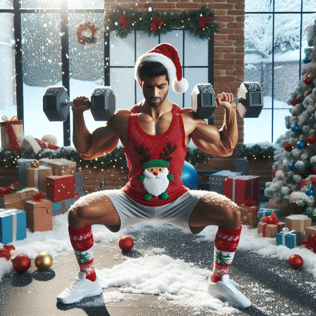 2) Christmas AI Generated Card - Male personal trainer lifting weights in the snow (57326)