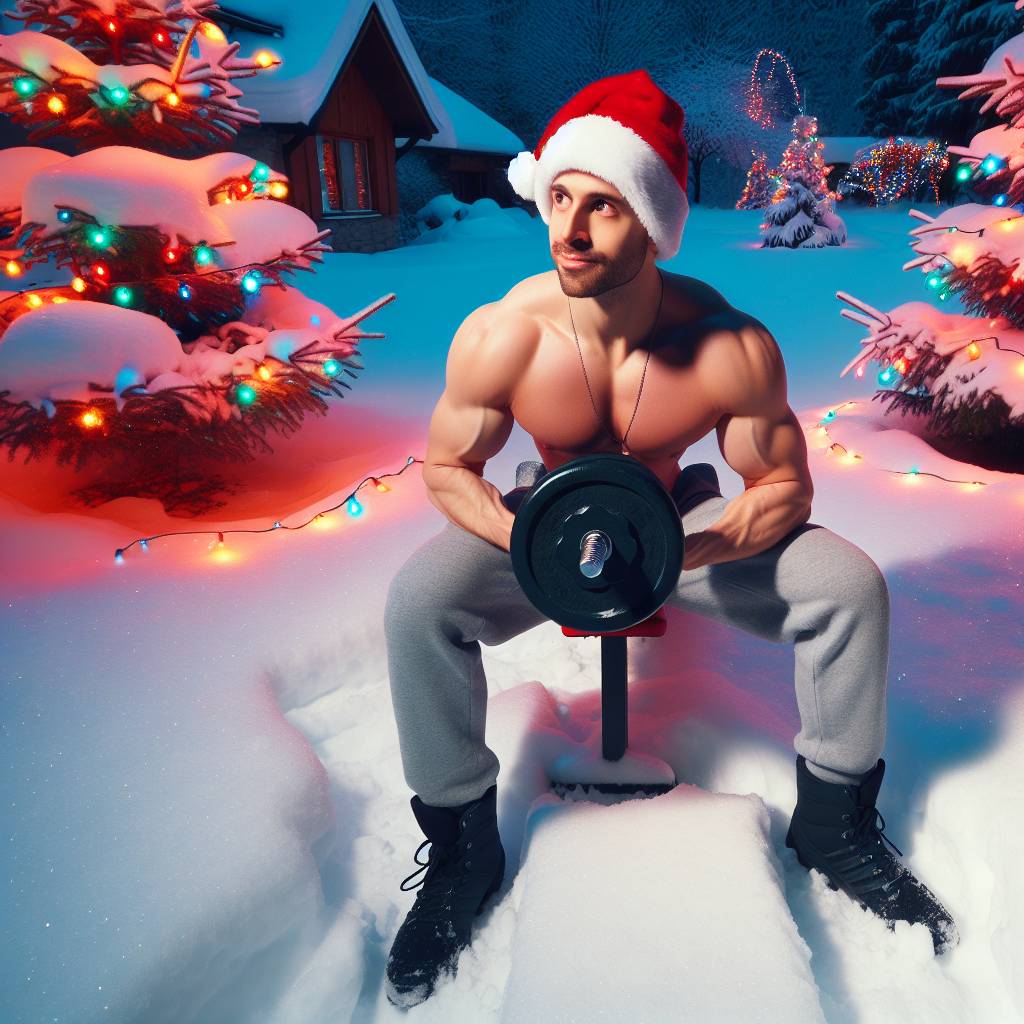 3) Christmas AI Generated Card - Male personal trainer lifting weights in the snow (a7dc3)