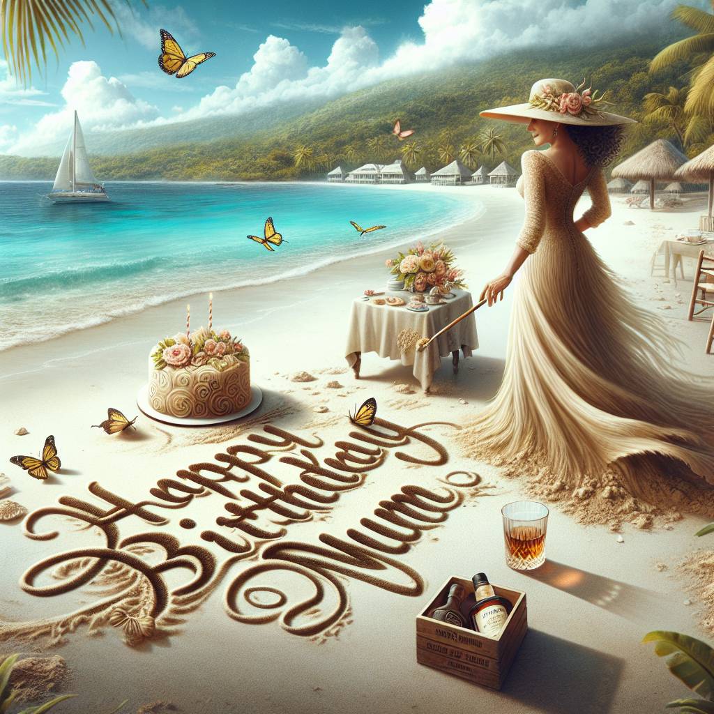 2) Birthday AI Generated Card - Happy birthday mum, Jamaican, Caribbean beach, Dress , Brandy , Cake , and Butterflies  (e1a6f)