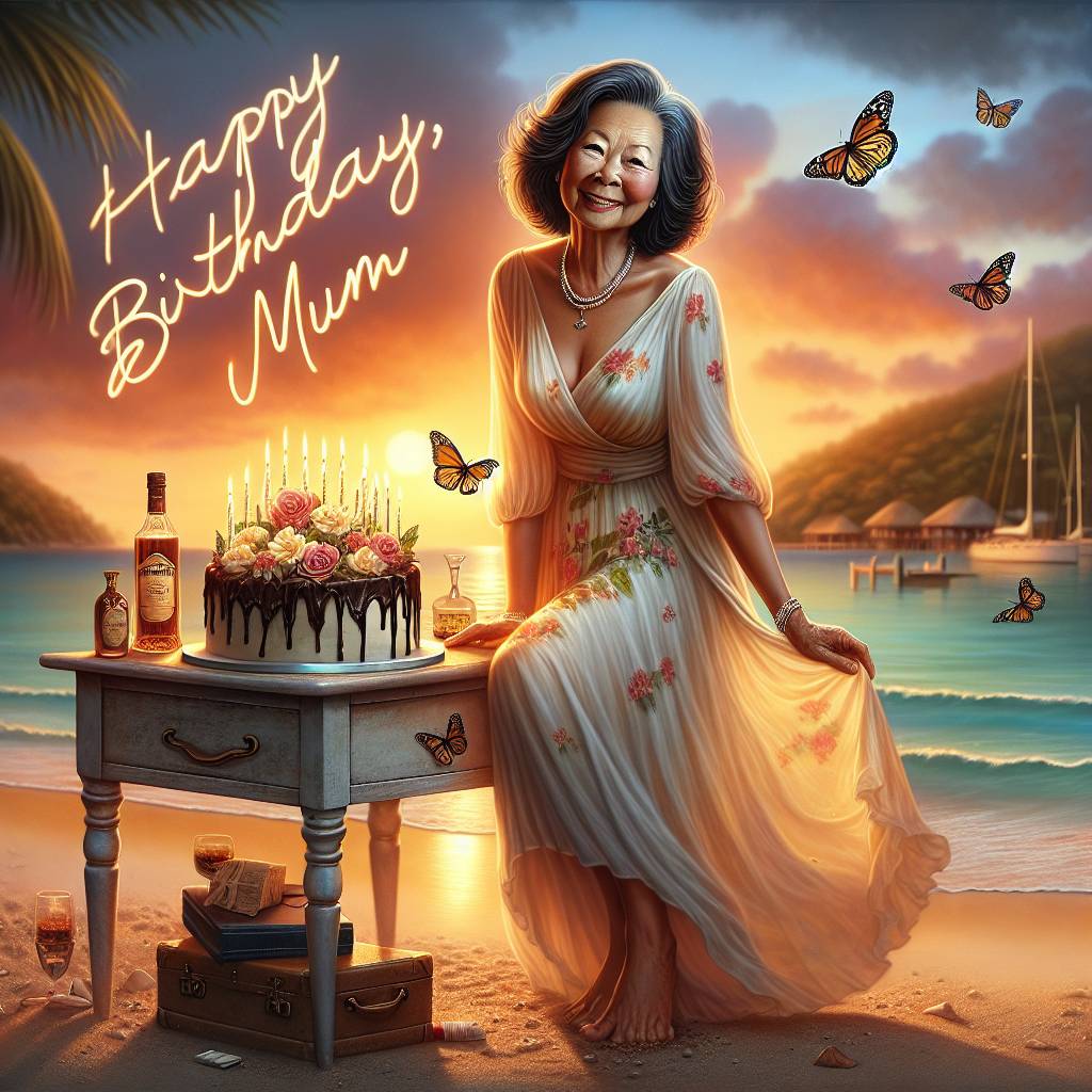 1) Birthday AI Generated Card - Happy birthday mum, Jamaican, Caribbean beach, Dress , Brandy , Cake , and Butterflies  (fa409)