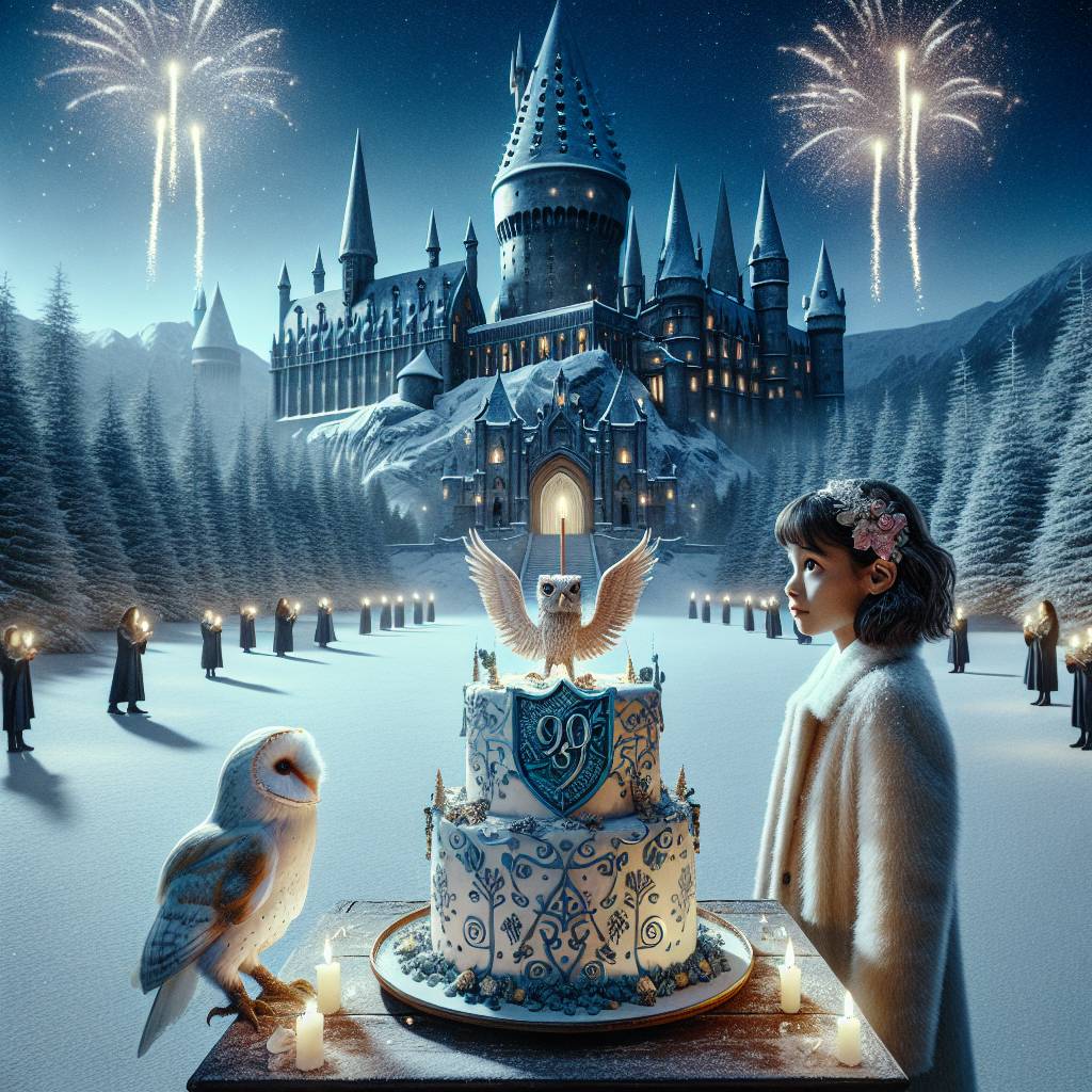 2) Birthday AI Generated Card - Hogwarts, Harry potter, The great hall, Snowy owl, Cake, Fireworks, Girl, and 10 (0982f)