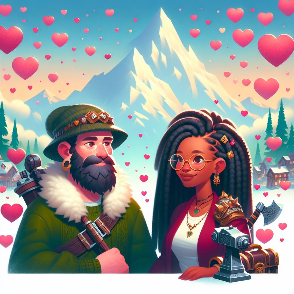 1) Valentines-day AI Generated Card - Irish man with dark hair wearing glasses and a wooly hat, Jamaican woman with box braids wearing glasses, Glasses, Hearts, Warhammer, and Climbing mountain (b4895)