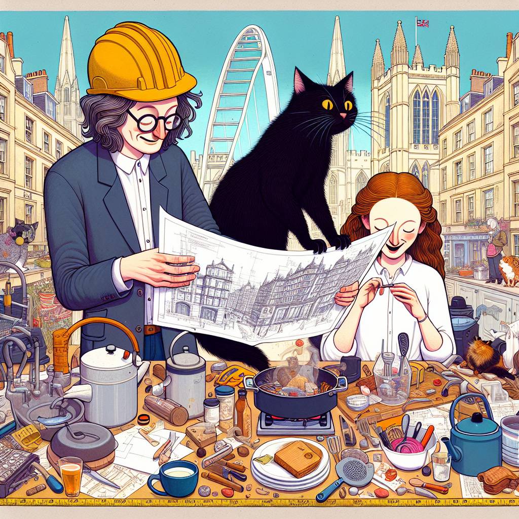 2) Anniversary AI Generated Card - Long haired black cat, White dark blonde man with glasses with white ginger woman, Engineering , Cooking , and Bristol, England  (2ef3e)