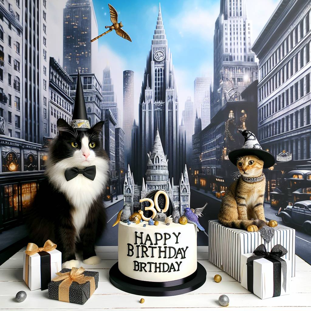 2) Birthday AI Generated Card - Black and white cat, Brown tabby cat, New York city, Harry potter, and 30 (adaa9)
