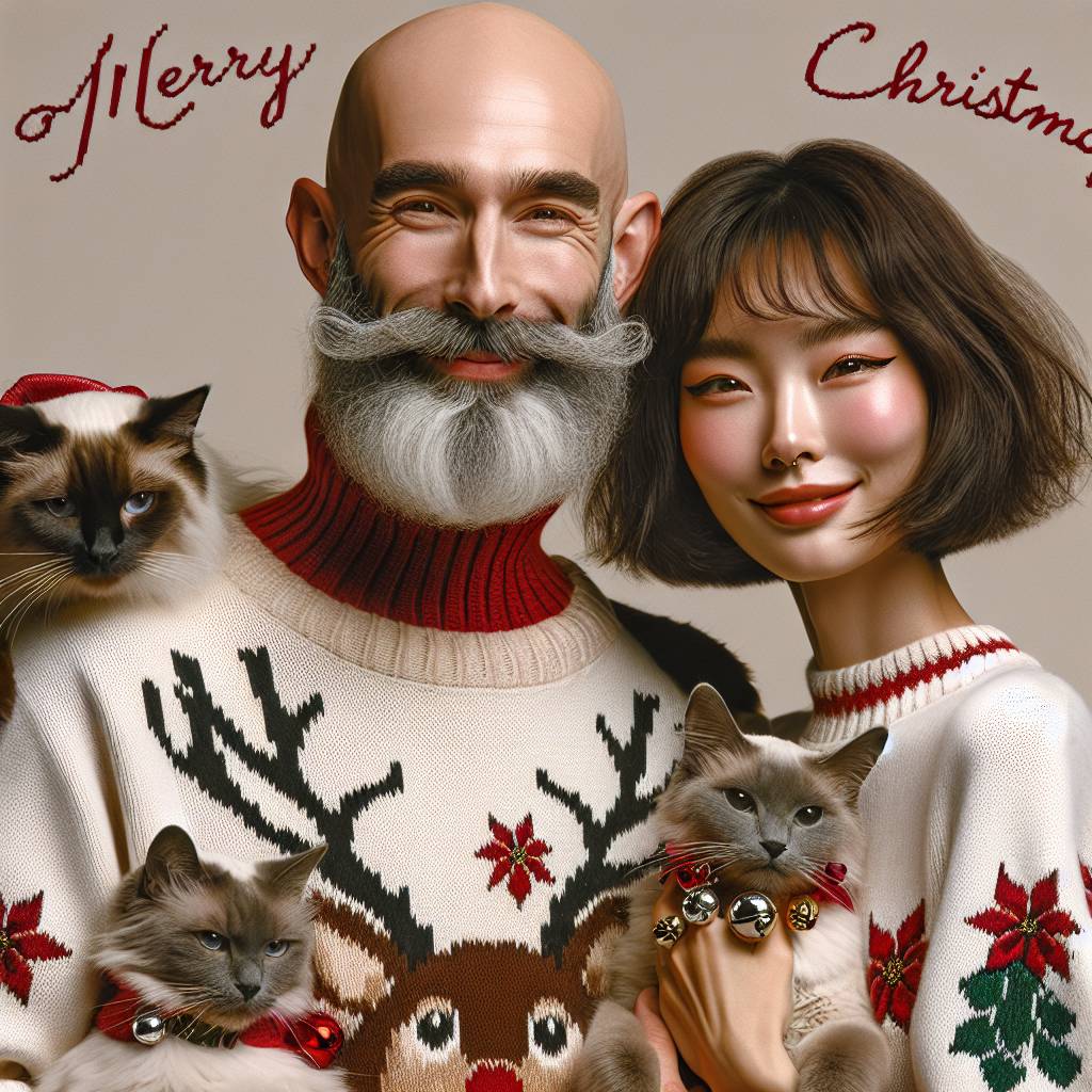 4) Christmas AI Generated Card - A bald man with a short white beard and a woman with brown hair holding two siamese cats, one of which is slightly grey (8cca9)