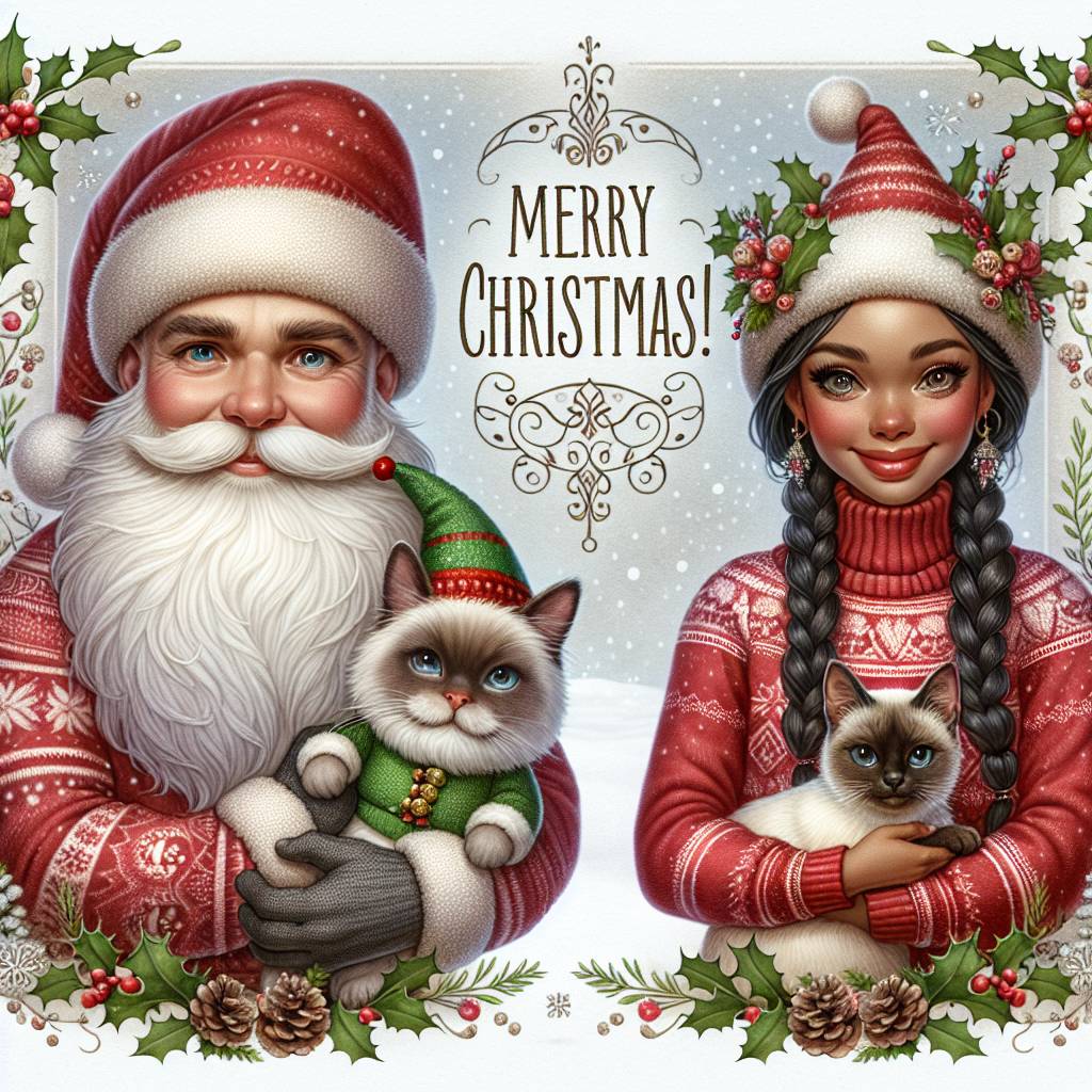 3) Christmas AI Generated Card - A bald man with a short white beard and a woman with brown hair holding two siamese cats, one of which is slightly grey (98f0e)