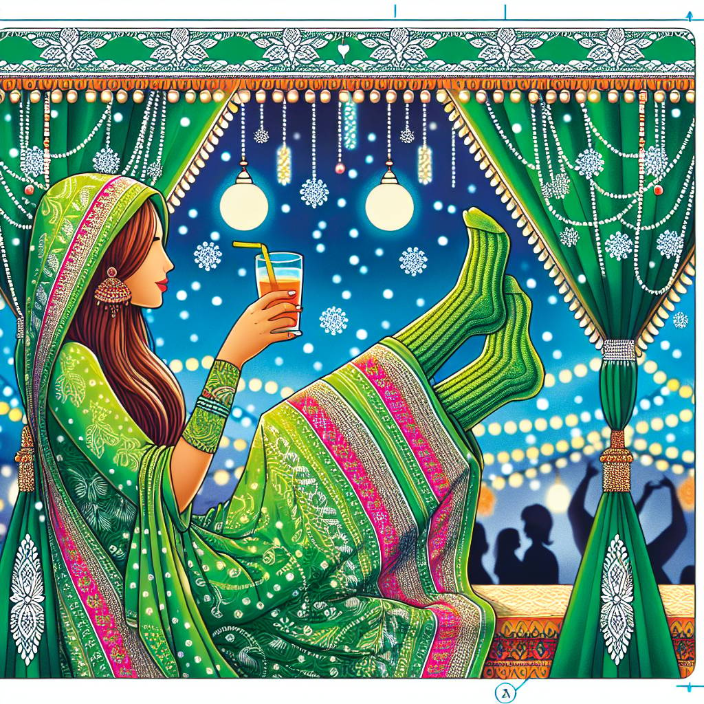 2) Birthday AI Generated Card - Indian Woman, Green pattern dress with long socks, and Bombay sapphire