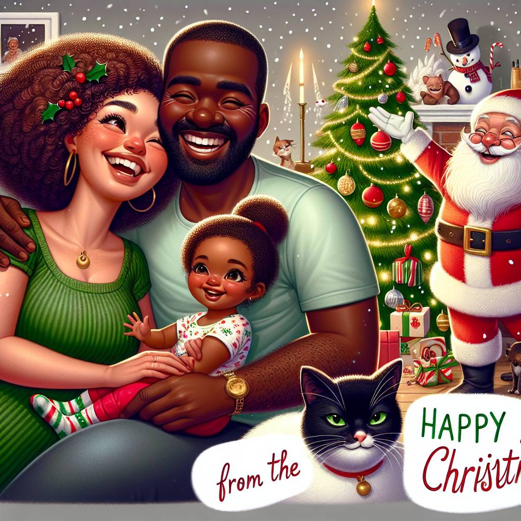 1) Christmas AI Generated Card - Family, Woman nice hair and smells nice big nose, Man big smile chubby arms, Baby girl big smile chubby arms, Black and white and ginger cat hissing next to Christmas tree, Raining chocolates, Snow is a live man, and Santa is hiding somewhere  (5b063)