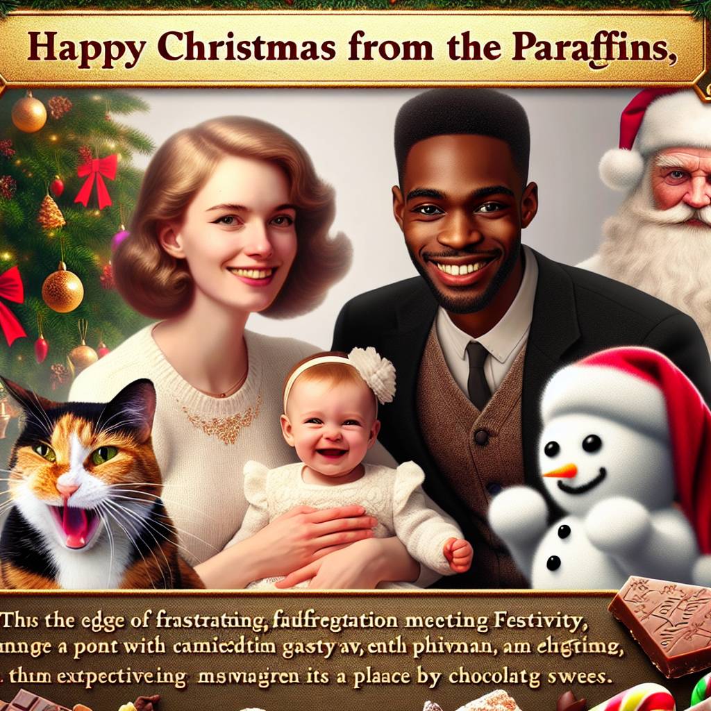 3) Christmas AI Generated Card - Family, Woman nice hair and smells nice big nose, Man big smile chubby arms, Baby girl big smile chubby arms, Black and white and ginger cat hissing next to Christmas tree, Raining chocolates, Snow is a live man, and Santa is hiding somewhere  (66576)