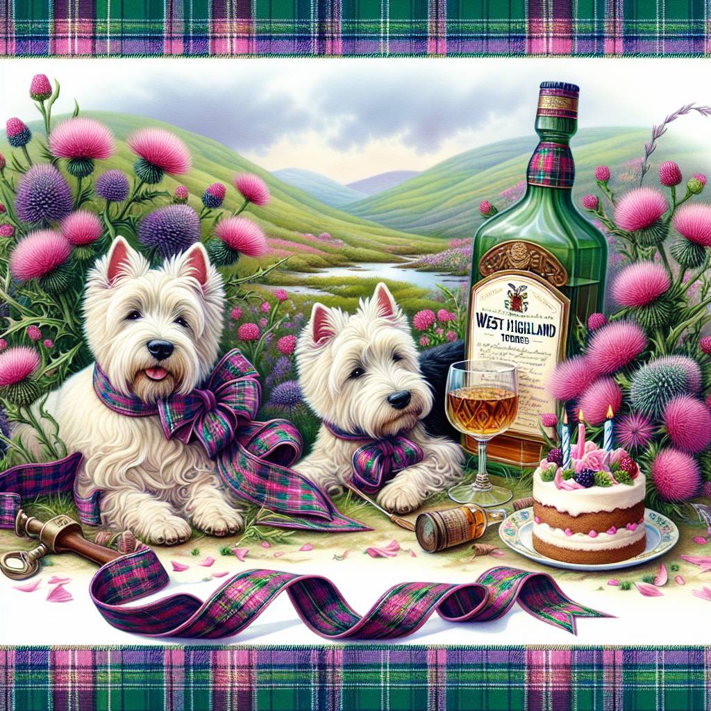 1) Mothers-day AI Generated Card - Scotland, Whisky, West Highland terriers, and Cake (dafda)