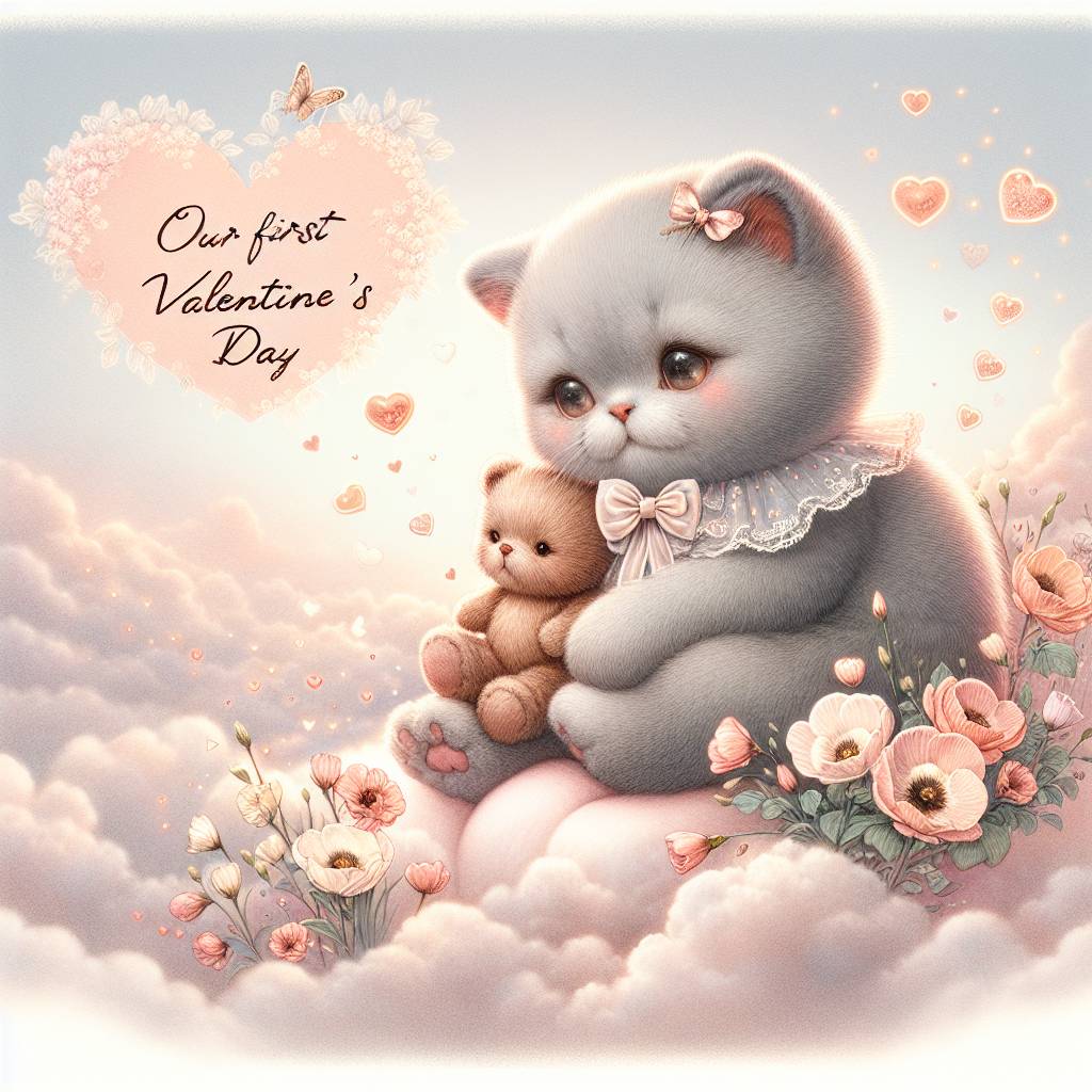 1) Valentines-day AI Generated Card - British short hair cat, Bear , Lisianthus Flowers , Hearts , Hug , and Word “ Our First Valentine’s Day “  (5df66)