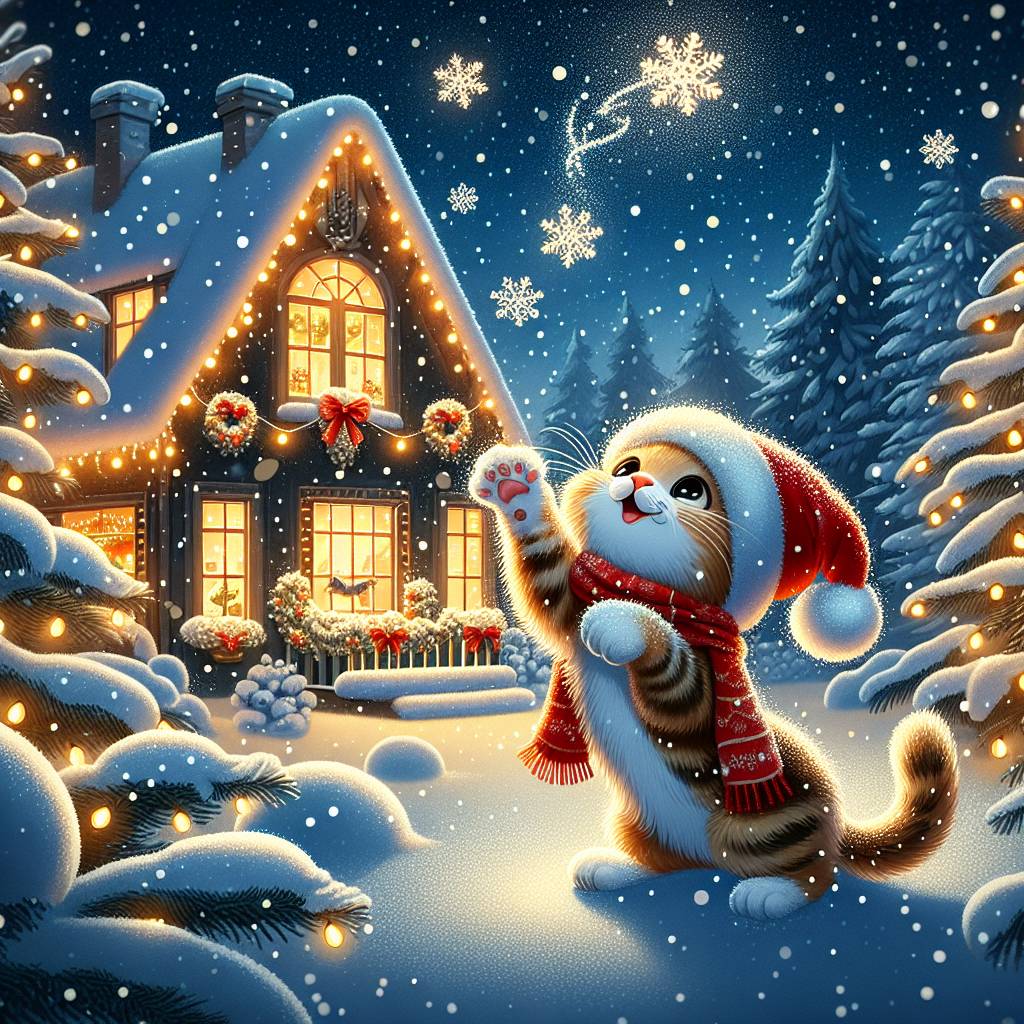 3) Christmas AI Generated Card - Cute cat, Santa, and Snow (640b0)