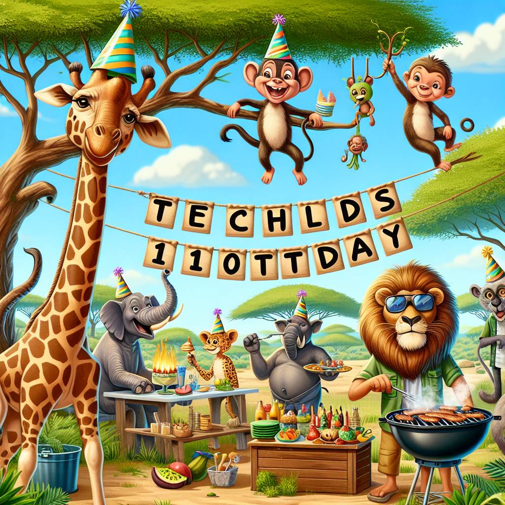 2) Birthday AI Generated Card - A humorous and lifelike birthday scene unfolds on the savannah, where a group of cartoonish animals has set up a safari picnic in honor of Reuben's 10th birthday. A giraffe wears a party hat awkwardly on its long neck, while a lion in sunglasses grills veggie skewers. A banner strung between acacia trees reads 'Reuben is 10 Today' with each letter playfully dangling from a vine. Cheeky monkeys serve fruit, and an elephant joins the party, playfully spurting water to keep everyone cool. (a82e1)