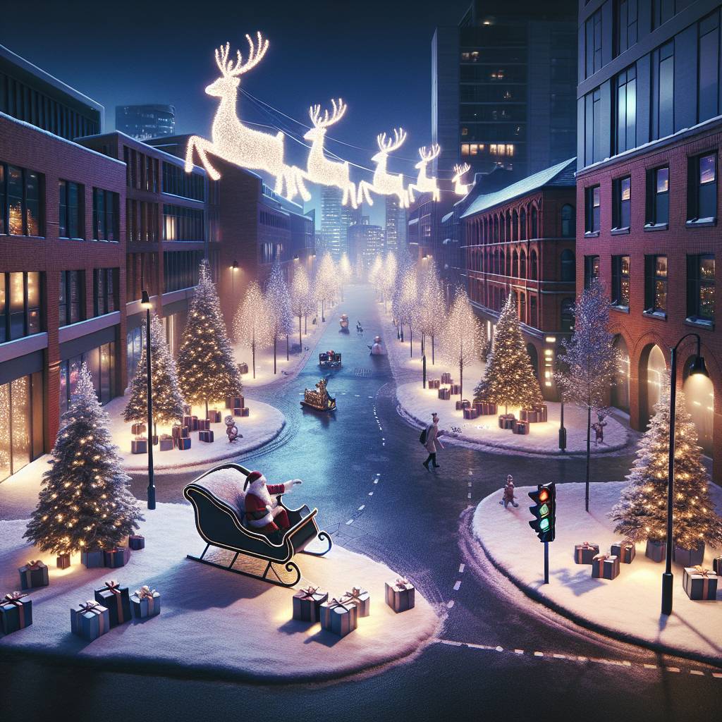2) Christmas AI Generated Card - Christmas trees, Illuminated snowmen, Media city, Manchester , Sleigh , Presents , and Moonbeam (b9500)