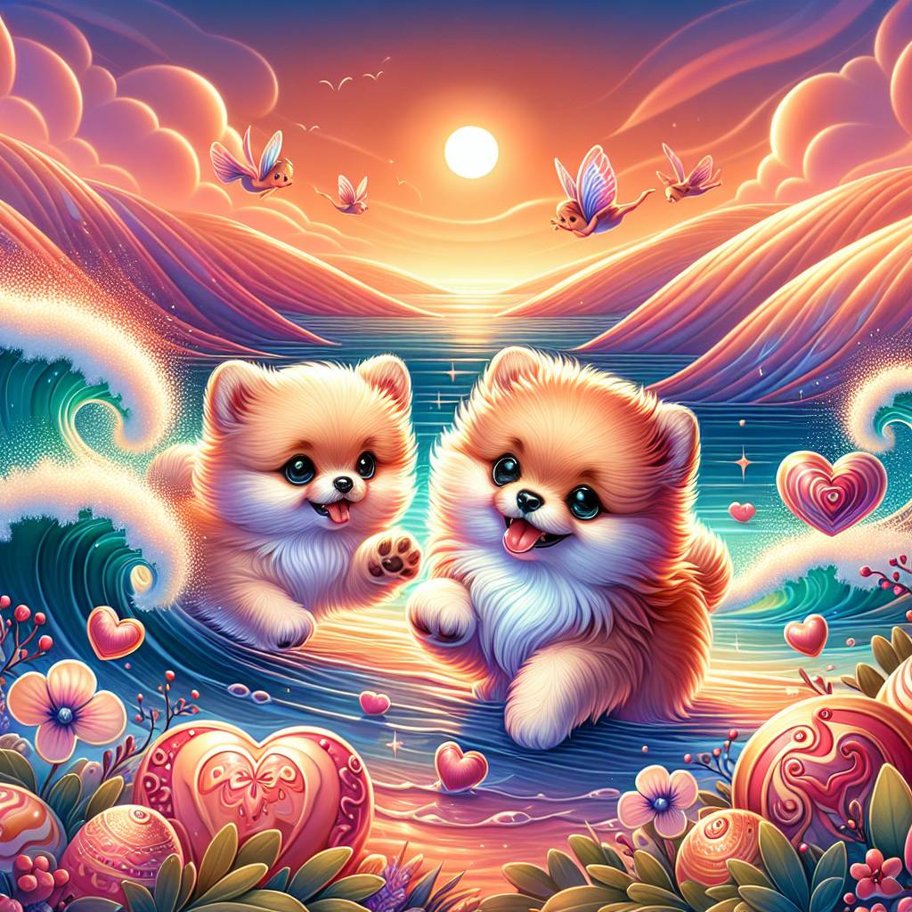 1) Valentines-day AI Generated Card - Pomeranian, Dogs, Coast, Rolling hills, Heart shaped food, and Pixies (81949)