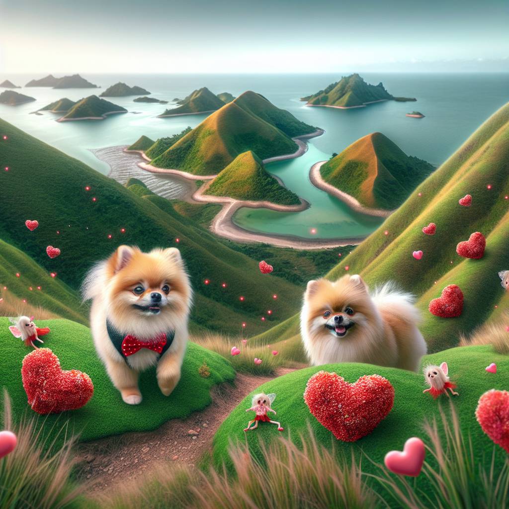 2) Valentines-day AI Generated Card - Pomeranian, Dogs, Coast, Rolling hills, Heart shaped food, and Pixies (9e64b)