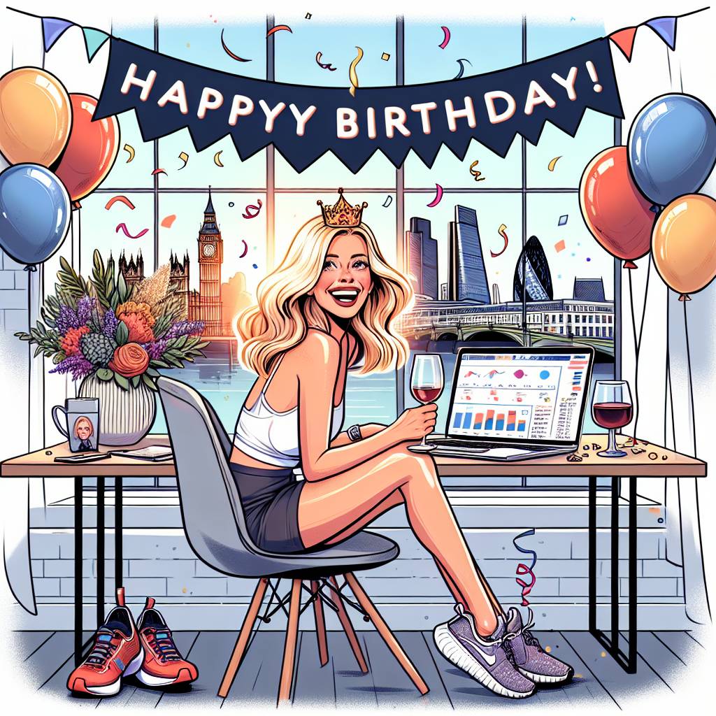 1) Birthday AI Generated Card - 24 year old woman with blonde highlighted hair, does marketing in london, likes running and drinking wine (0a38b)