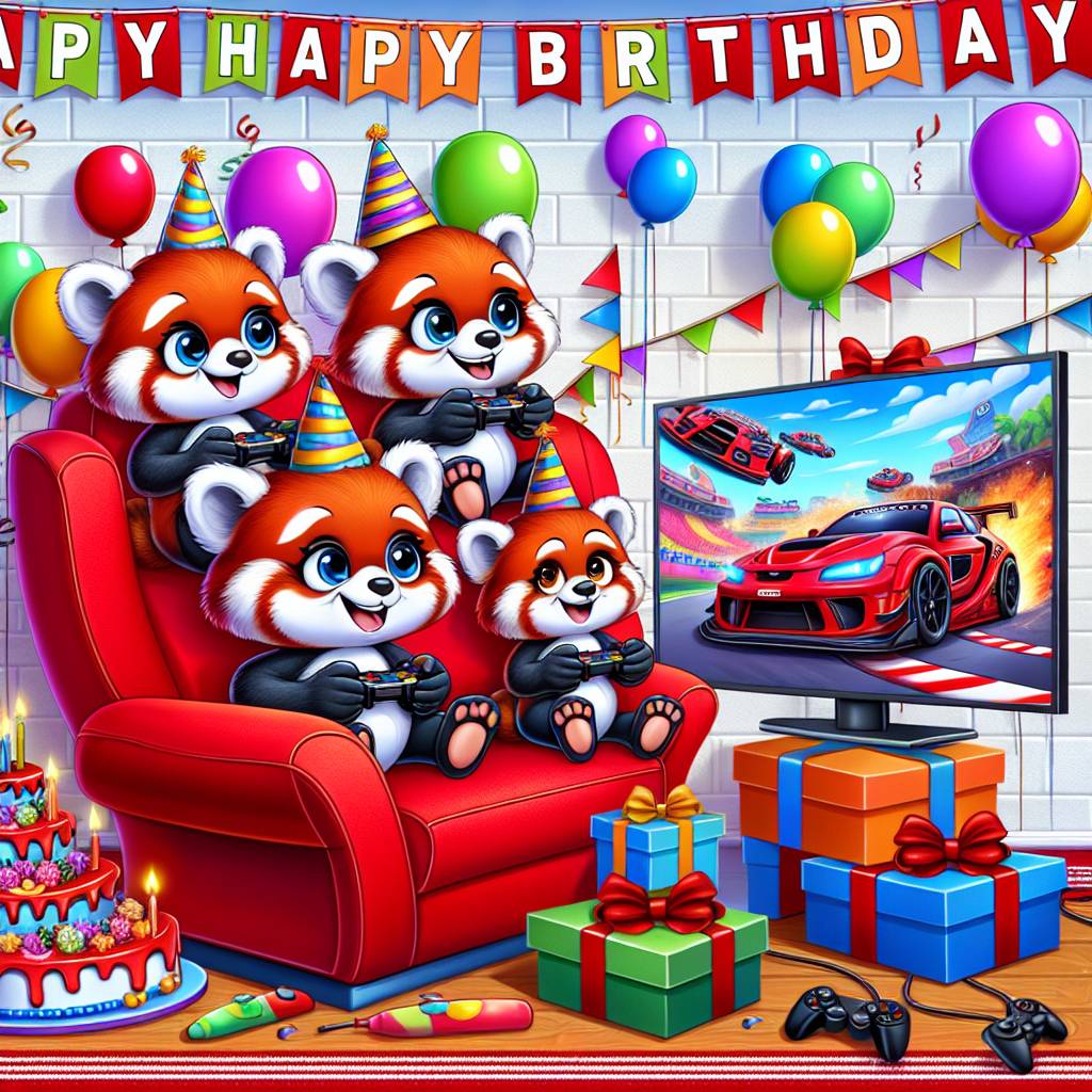 2) Birthday AI Generated Card - Gaming, Red pandas, and Super cars (6177c)
