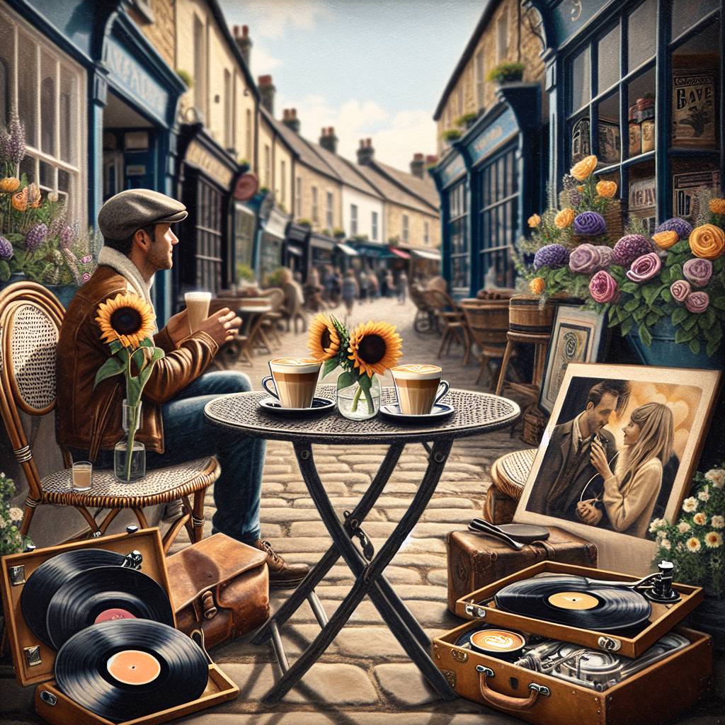2) Valentines-day AI Generated Card - Bistro table set for two people outside a café , Vinyl records, English market street town, Two cappuccinos on the table, Love, and Sunflowers  (e0cd1)
