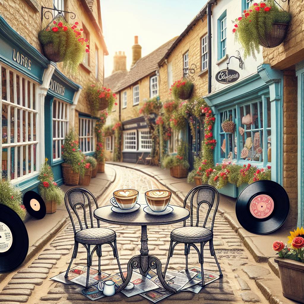 1) Valentines-day AI Generated Card - Bistro table set for two people outside a café , Vinyl records, English market street town, Two cappuccinos on the table, Love, and Sunflowers  (1742d)