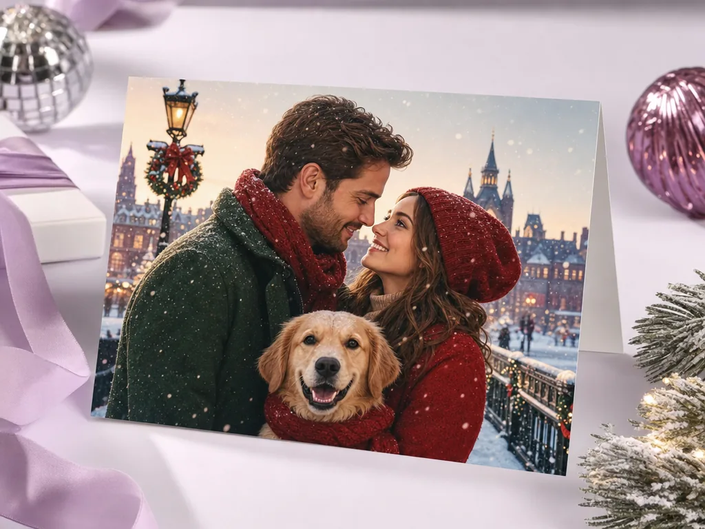 Couple in a festive romcom poster card idea