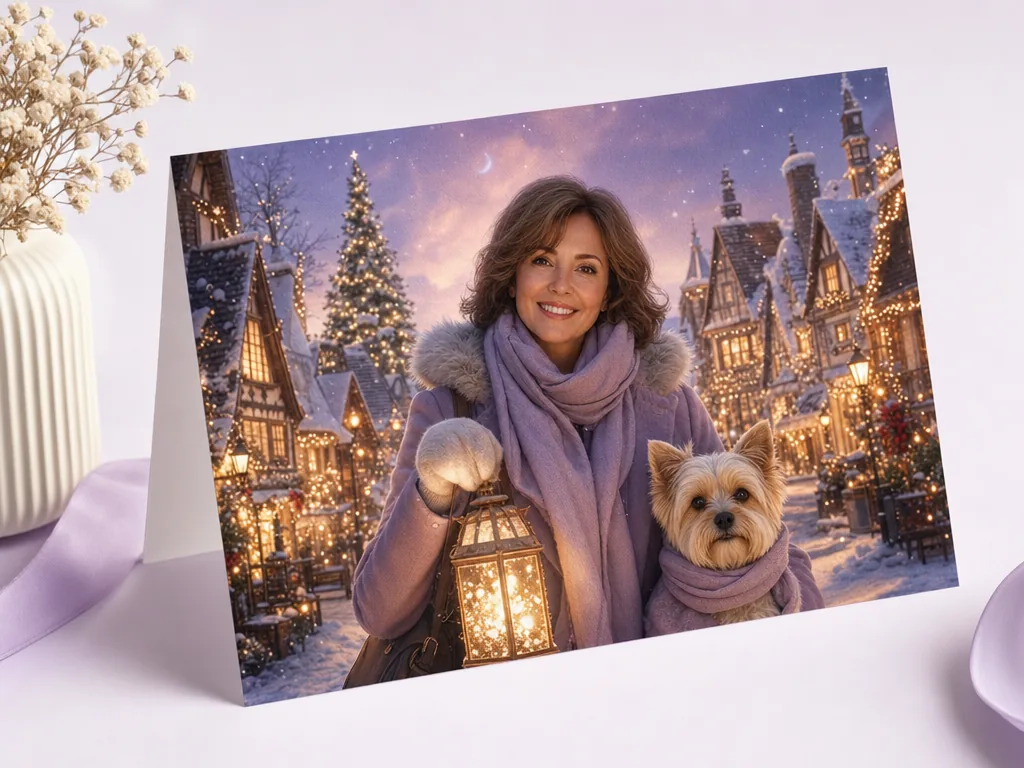 Mum in a magical Christmas village card idea
