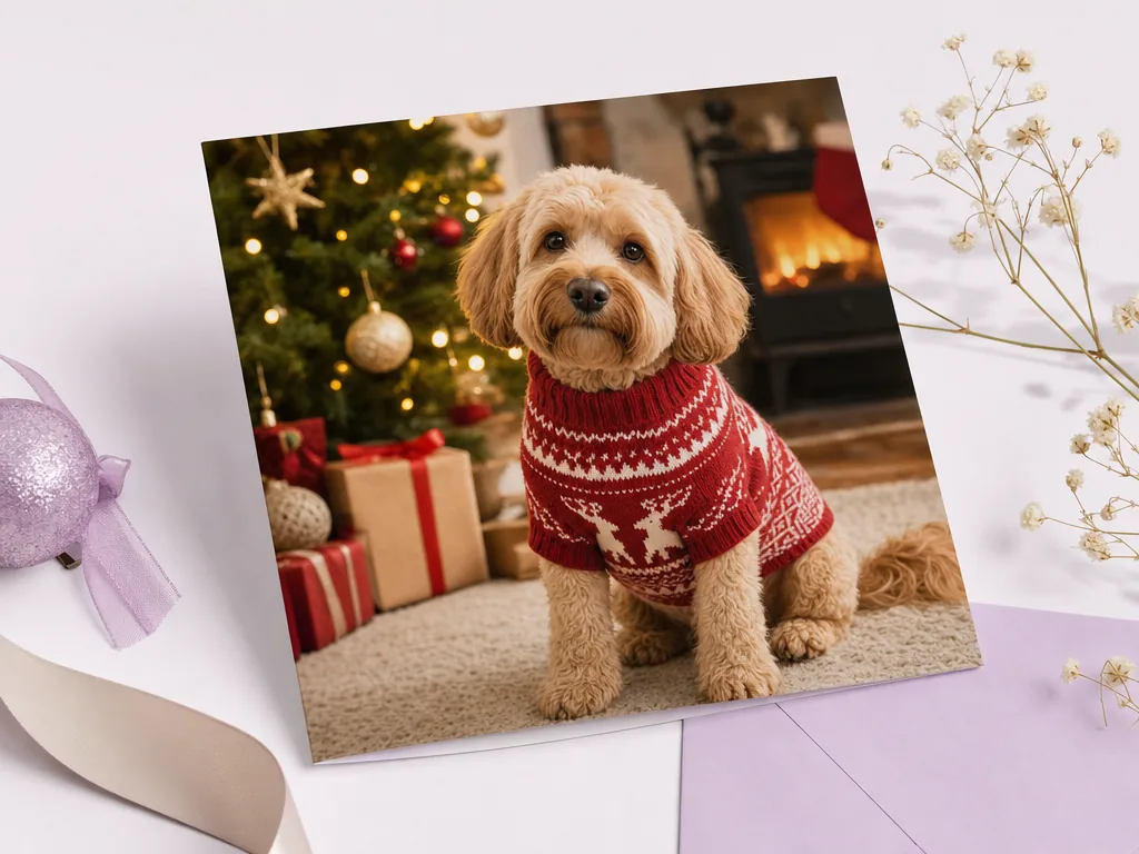 Dog in a Christmas jumper card idea