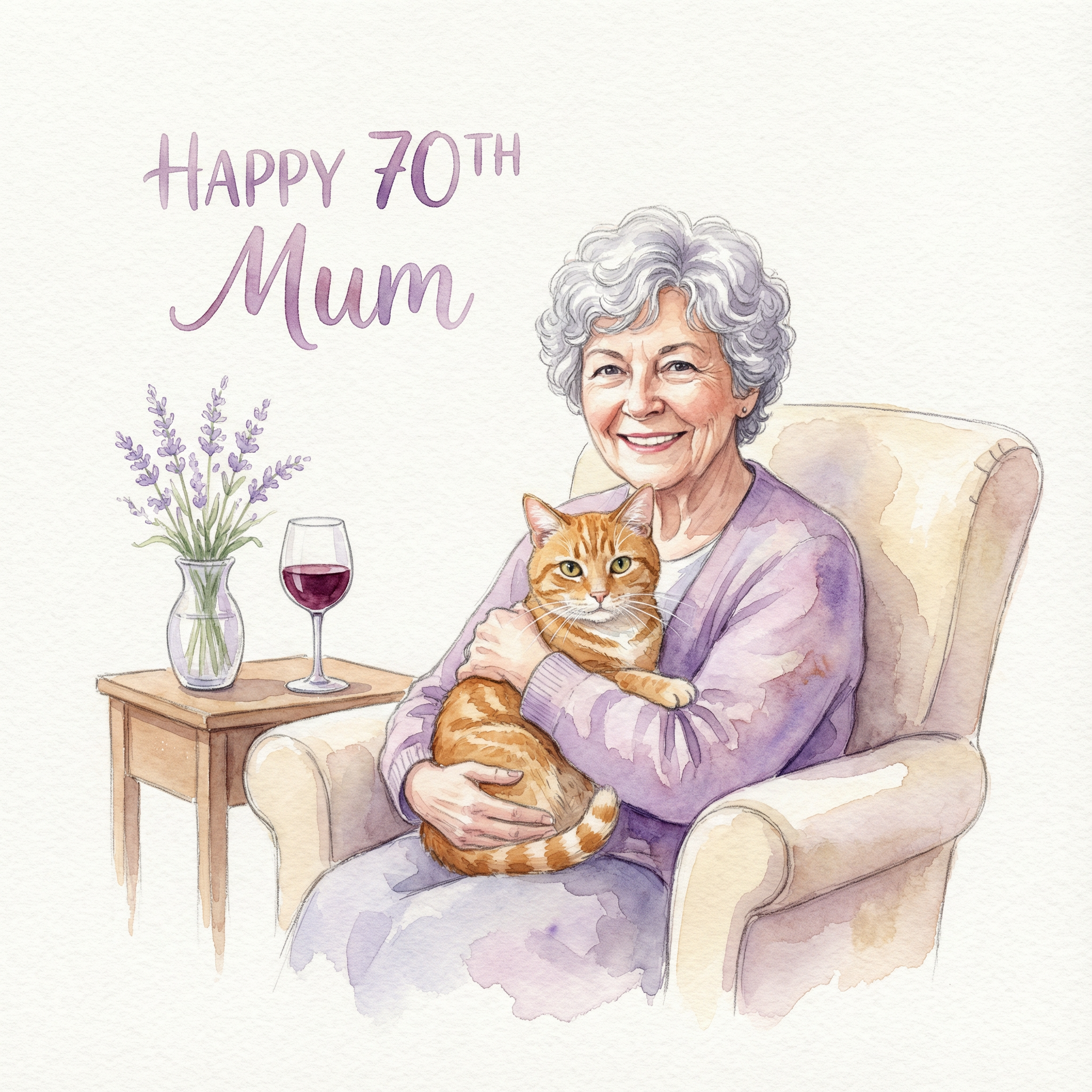 Personalised 70th birthday card with mum, her cat and wine